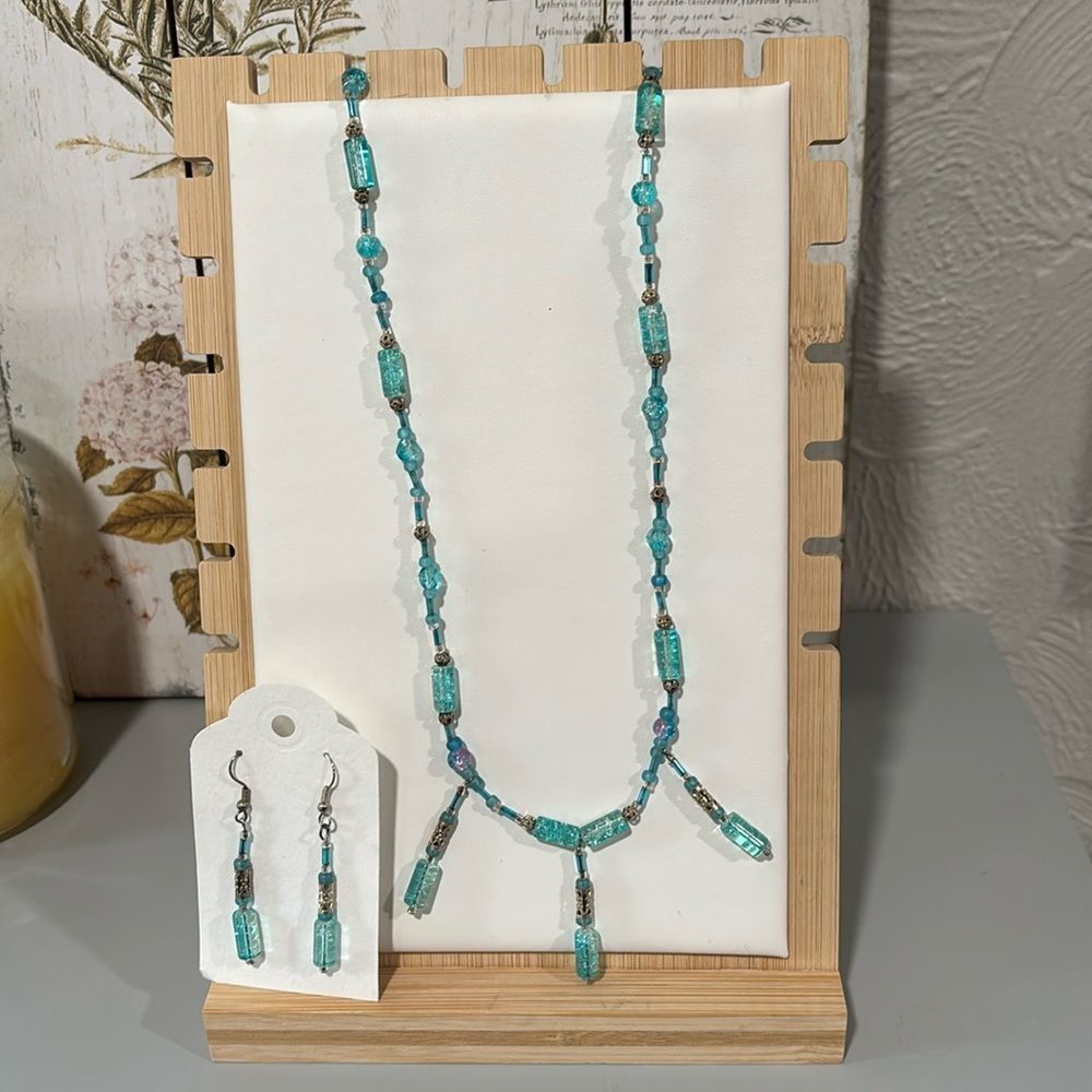 Hand Crafted Artisan Blue Glass Beaded Necklace And Earrings Coord Set